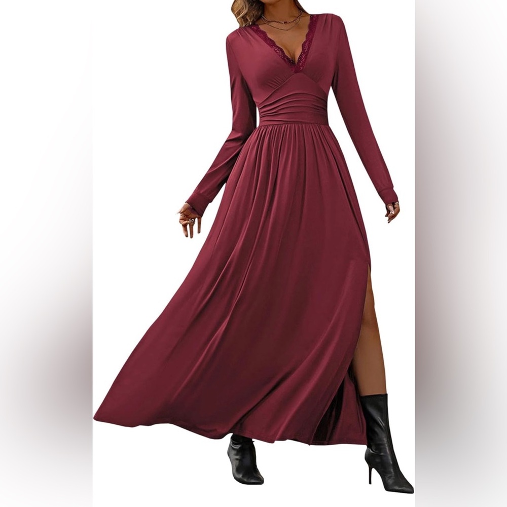 Sexyshine Women's Long Sleeve Lace V Neck Maxi Dress Bodycon Empire Wrap